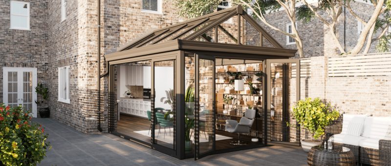 Glass roof on Dorset conservatory with open French doors